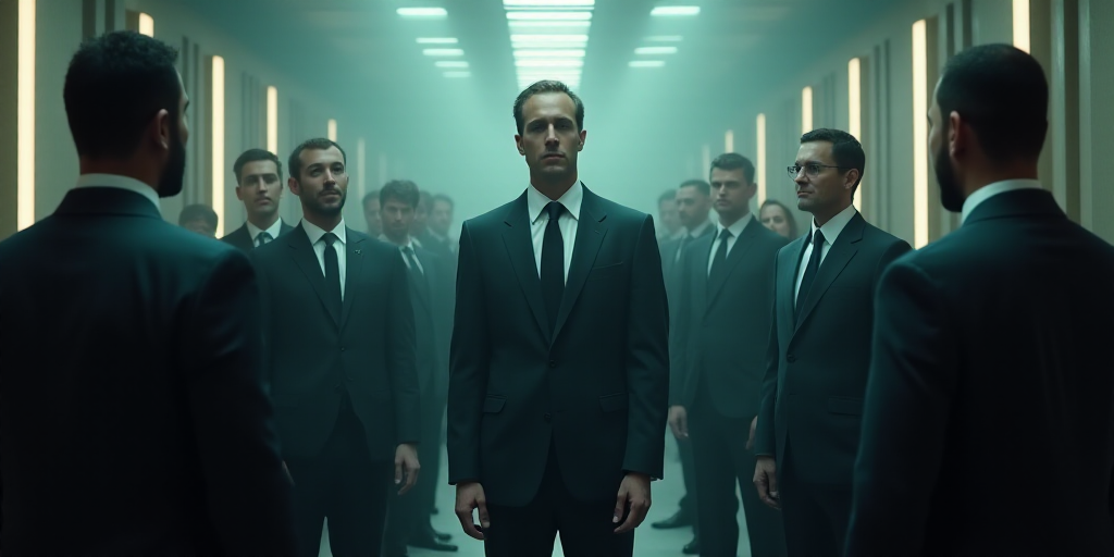 a man in a suit and tie standing in a room with other men in suits and ties around him, Elias Goldbe