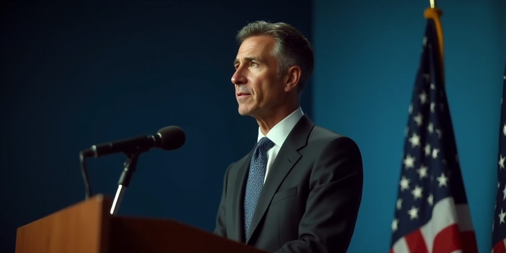 a man in a suit and tie standing in front of a flag and a microphone in a room with a blue wall, Ame