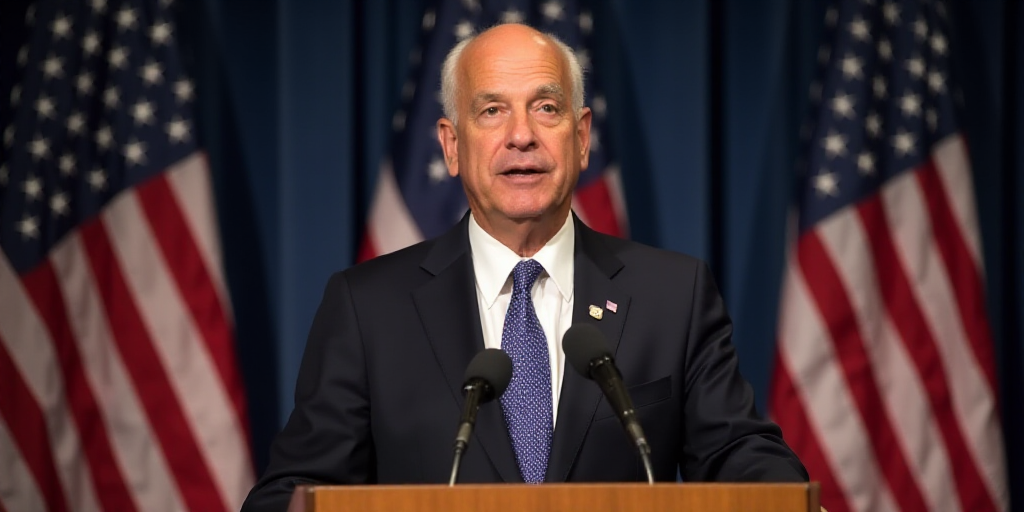 a man in a suit and tie standing at a podium with a microphone in front of him and two flags behind