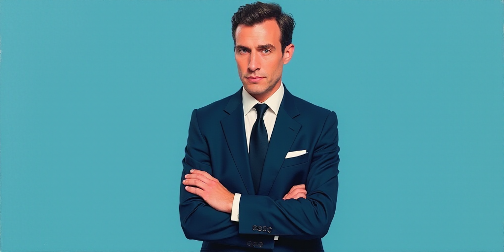 a man in a suit and tie standing with his arms crossed in front of him with a blue background, Anton