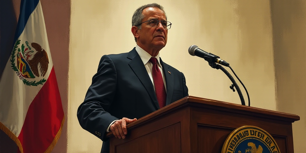 a man in a suit and tie standing at a podium with a flag on it and a microphone in front of him, Est