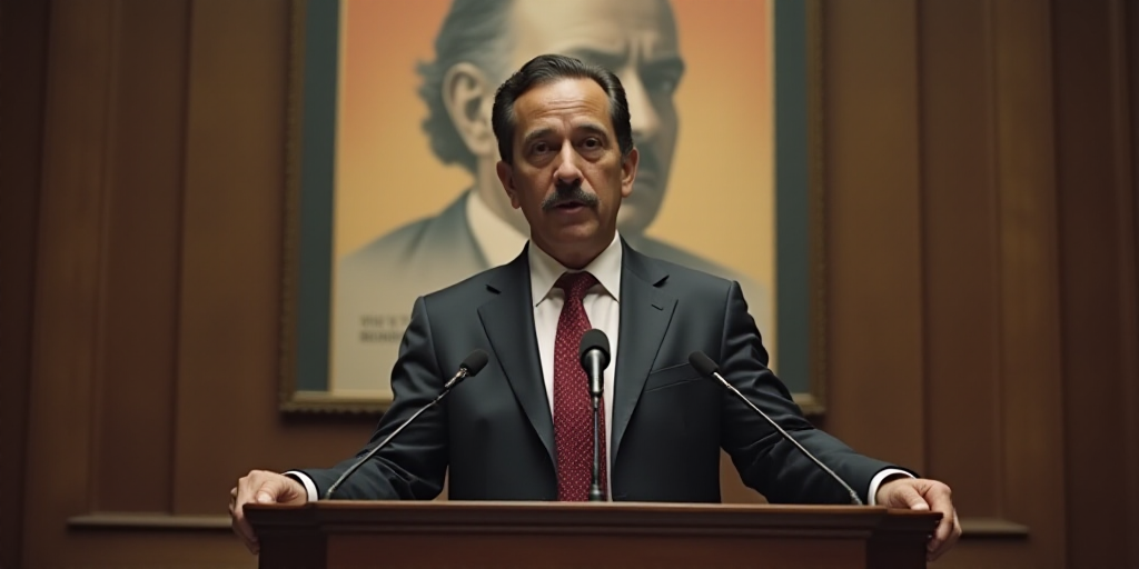 a man in a suit and tie standing at a podium with a microphone in front of him and a poster behind h