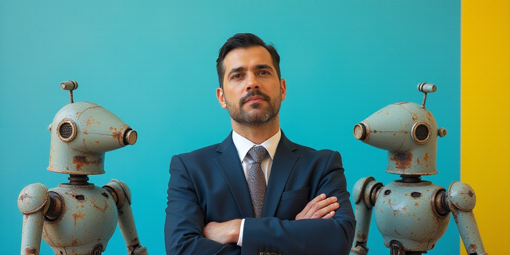 a man in a suit and tie standing with his arms crossed in front of a blue background with a yellow b
