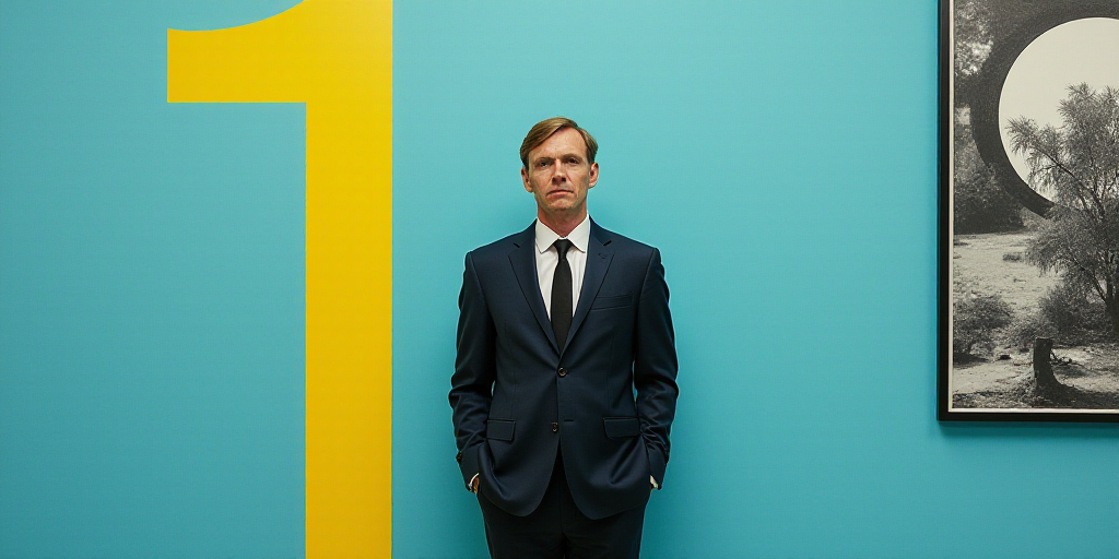 a man in a suit and tie standing in front of a blue background with a yellow border and a black and