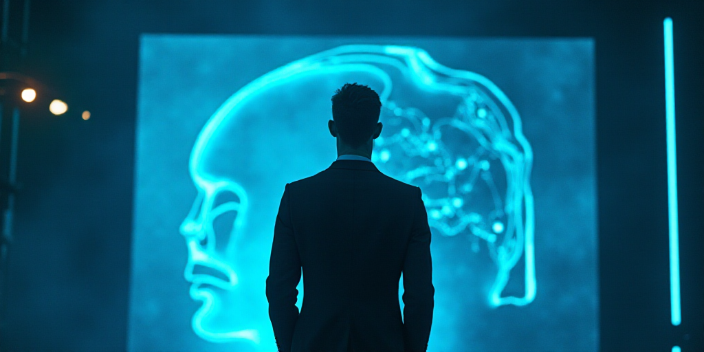 a man in a suit and tie standing in front of a blue background with a black and white photo, Edward