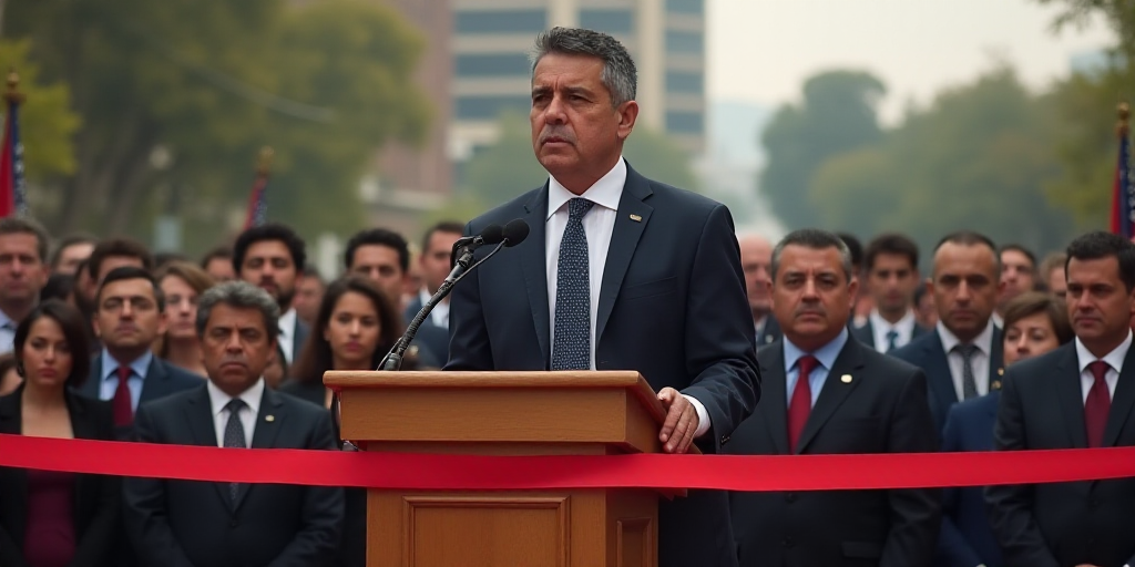 a man in a suit and tie standing at a podium with a ribbon in front of him and a crowd of people beh