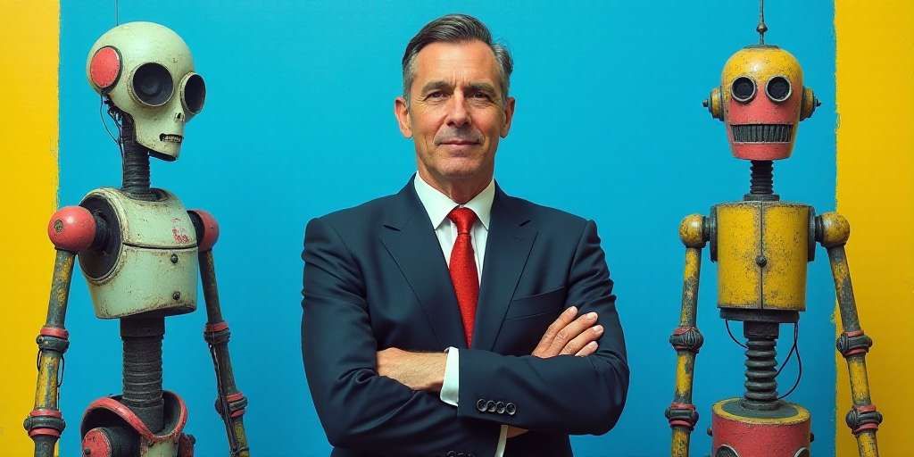 a man in a suit and tie standing with his arms crossed in front of a blue background with a yellow b