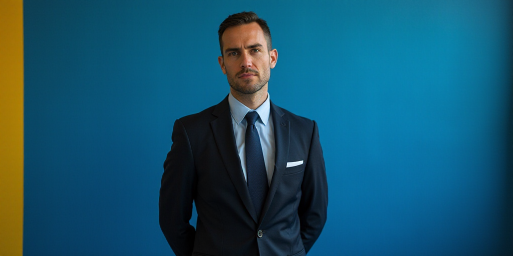 a man in a suit and tie standing in front of a blue background with a black and yellow border, Chris