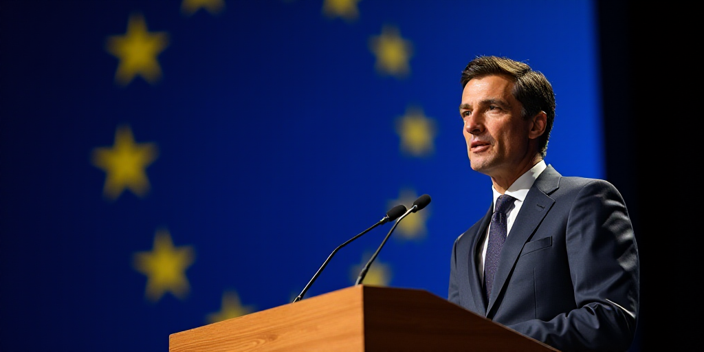 a man in a suit and tie standing at a podium with a microphone in front of him and a european flag b