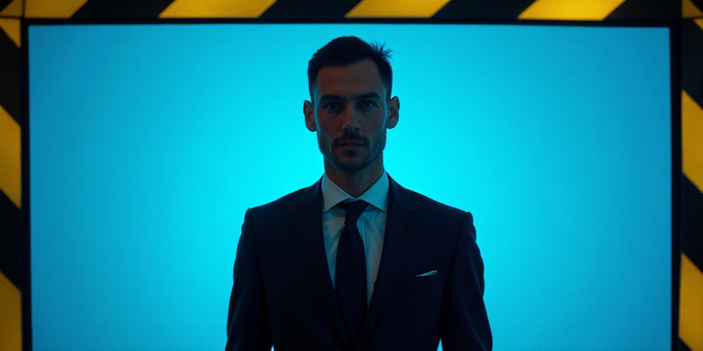 a man in a suit and tie standing in front of a blue background with a black and yellow border, Eduar