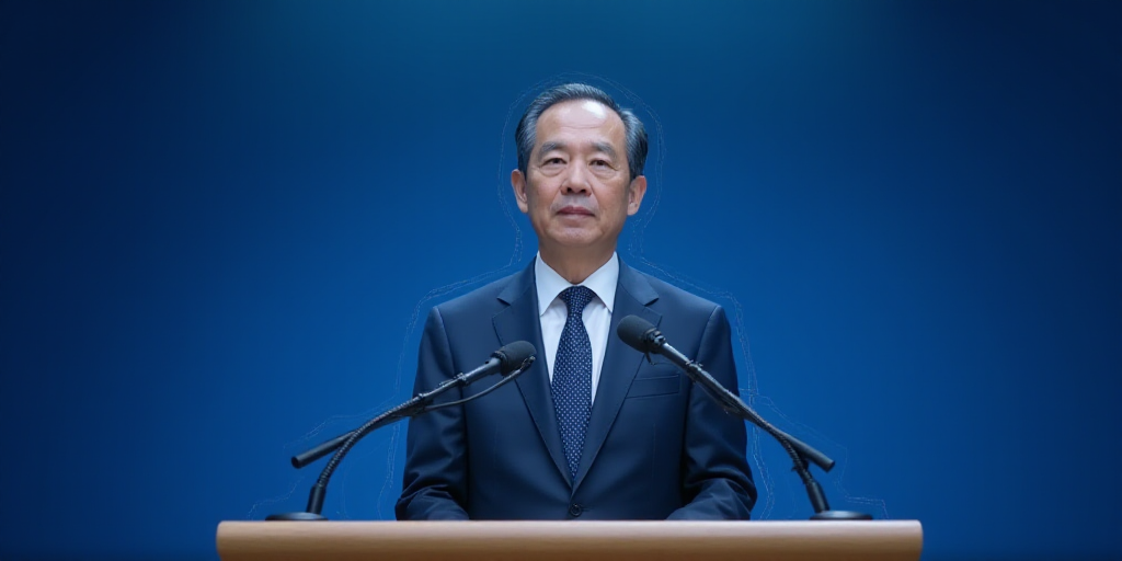 a man in a suit and tie standing at a podium with a microphone in front of him and a blue backdrop,
