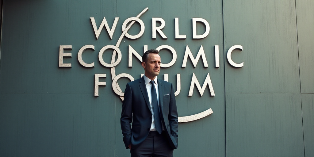 a man in a suit and tie standing in front of a wall with the words world economic forum on it, Bourg