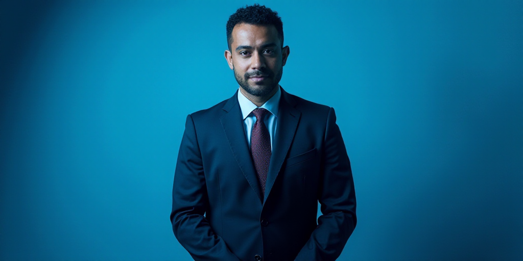 a man in a suit and tie standing in front of a blue background with a caption that reads miguel gonz