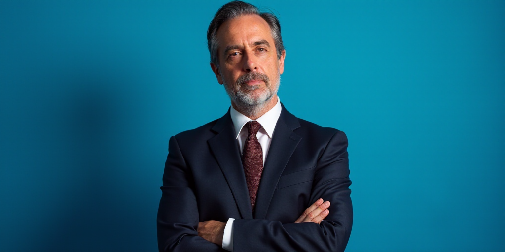 a man in a suit and tie standing with his arms crossed in front of him with a blue background, Estua