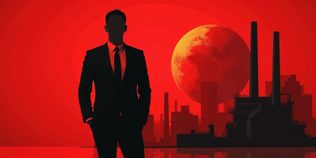 a man in a suit and tie standing in front of a red background with a picture of a factory and a glob