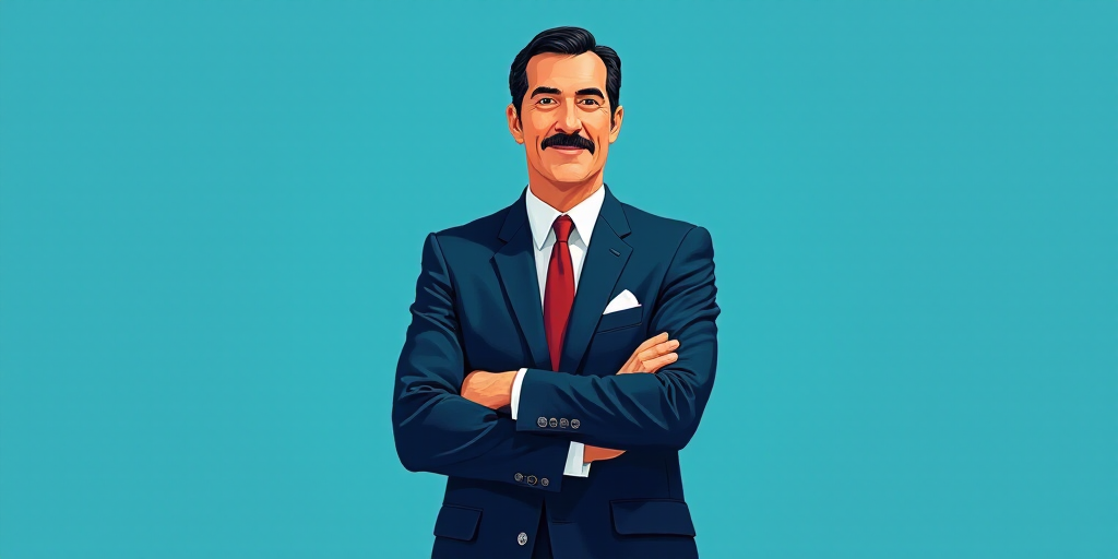 a man in a suit and tie standing with his arms crossed in front of him, with a blue background, Carl