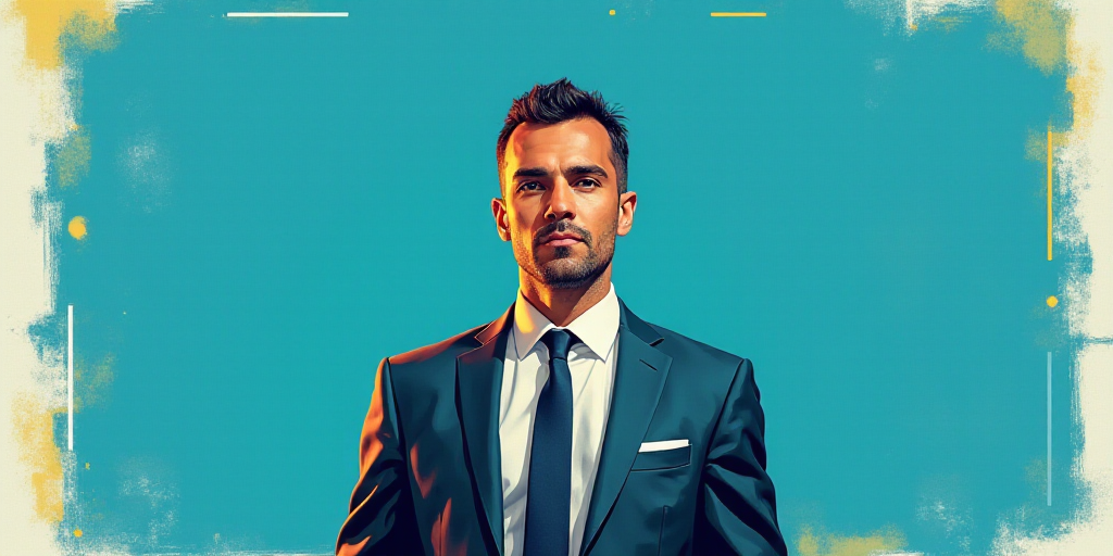 a man in a suit and tie standing in front of a blue background with a white and yellow border, Carlo