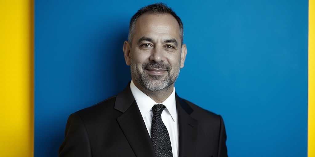 a man in a suit and tie standing in front of a blue background with a yellow border and a black and