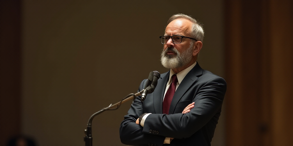 a man in a suit and tie standing in a room with a microphone in his hand and his arms folded, Beeple