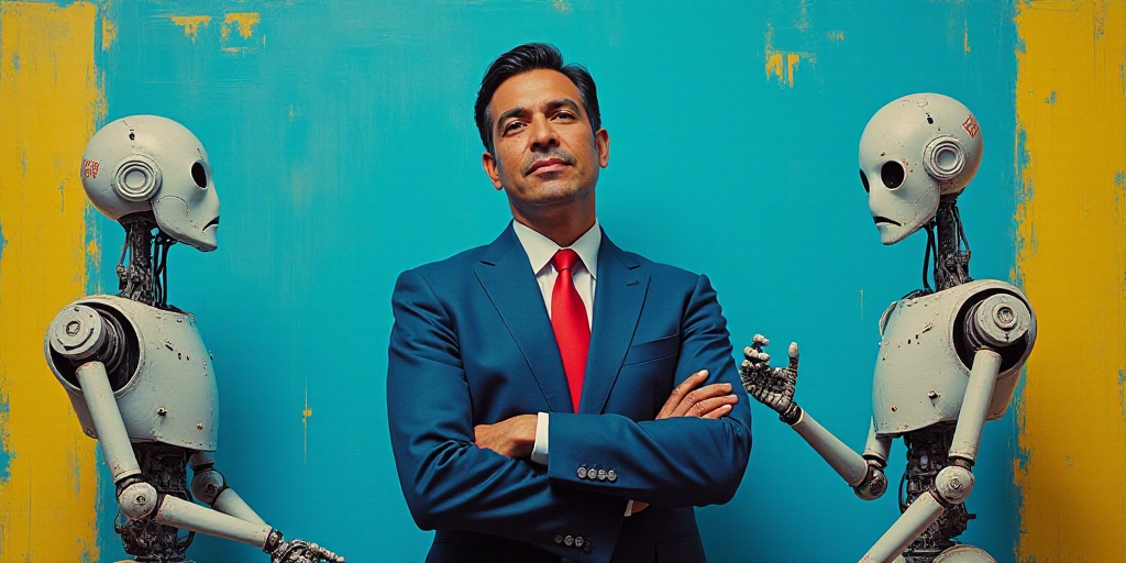 a man in a suit and tie standing with his arms crossed in front of a blue background with a yellow b