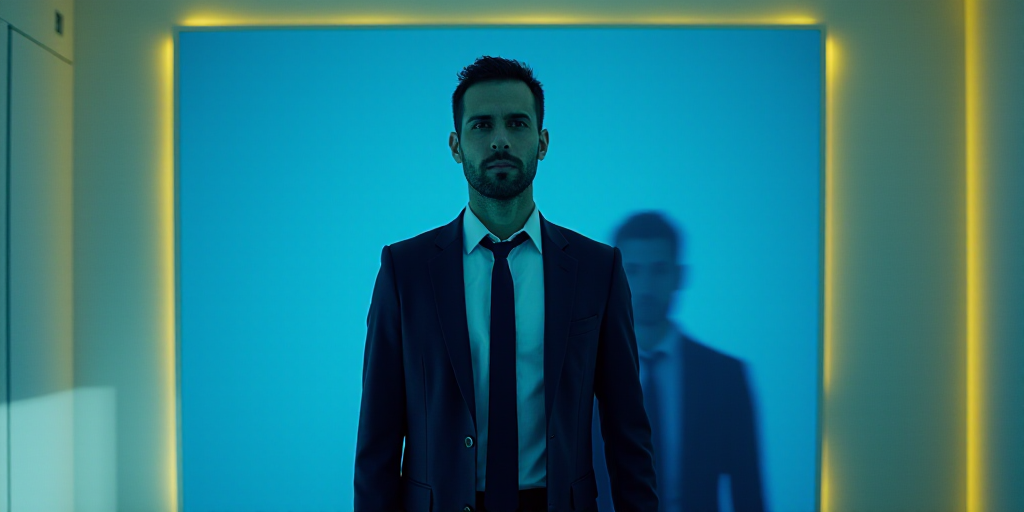 a man in a suit and tie standing in front of a blue background with a yellow border and a black and