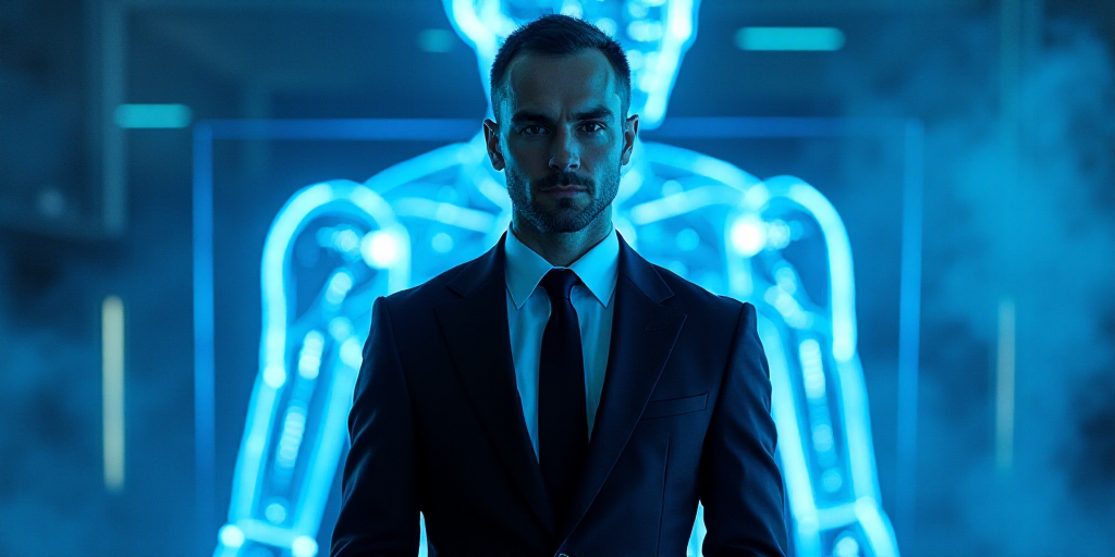 a man in a suit and tie standing in front of a blue background with a black and white photo, Edward