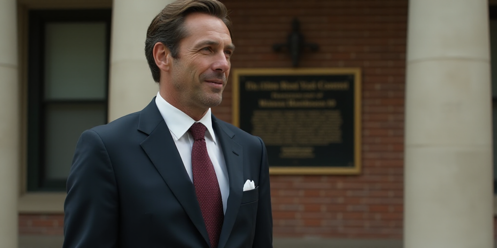 a man in a suit and tie standing outside of a building with a plaque on the wall behind him, Bill Le