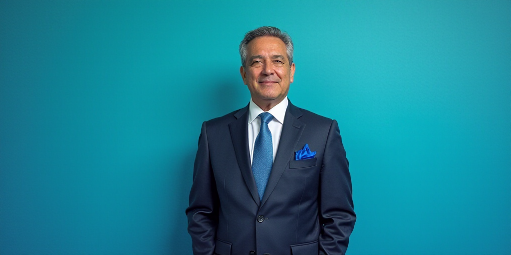 a man in a suit and tie standing in front of a blue background with a caption that reads, louis migu