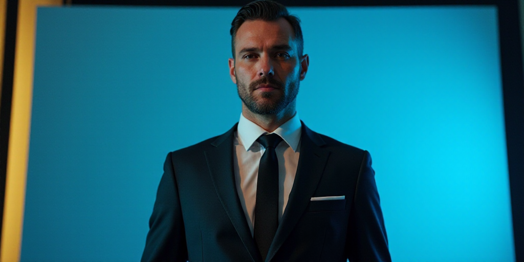 a man in a suit and tie standing in front of a blue background with a black and yellow border, Eduar