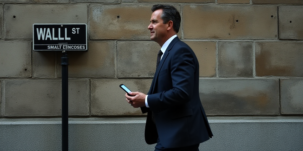 a man in a suit and tie walking past a wall street sign with a cell phone in his hand, Andries Stock