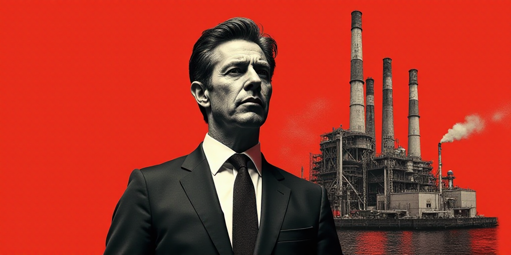 a man in a suit and tie with a red background and a collage of images of a factory, Andries Stock, h