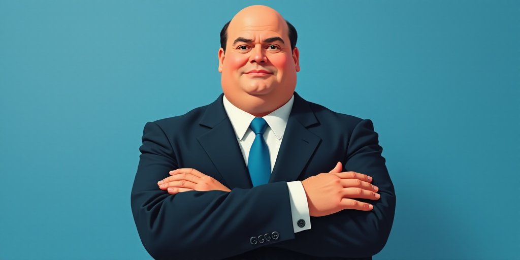 a man in a suit and tie with his arms crossed and his arms crossed, with a blue background, Fernando