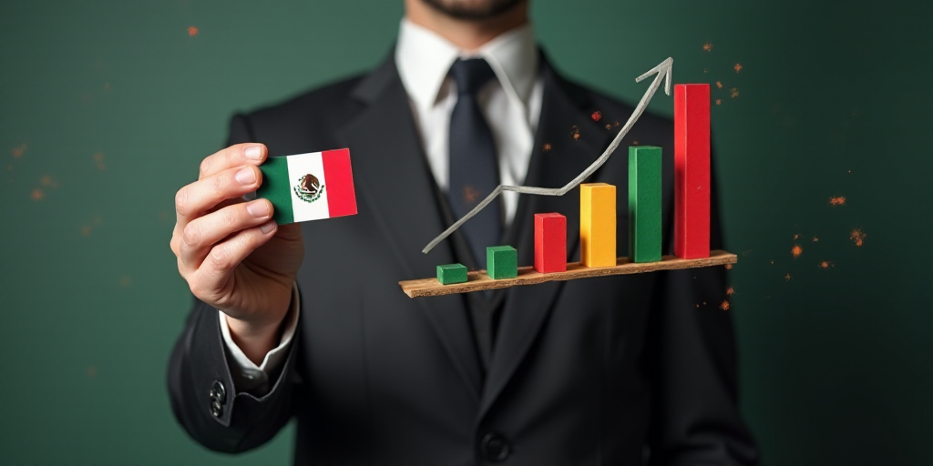 a man in a suit holding a business card with a mexican flag on it and a rising bar graph, Andries St