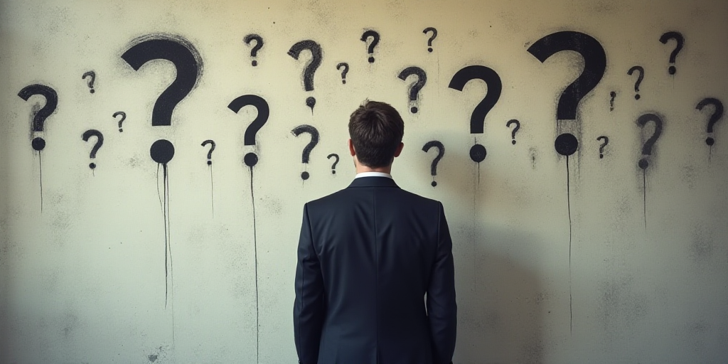 a man in a suit is standing in front of a wall with question marks on it and a lot of question marks