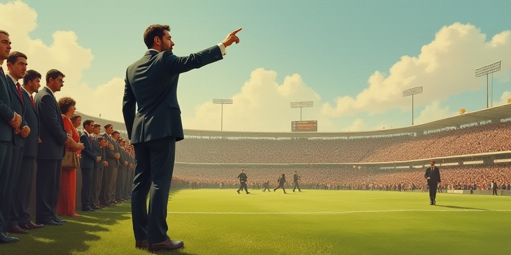 a man in a suit pointing at something on a field with a crowd watching him from the sidelines, Feder