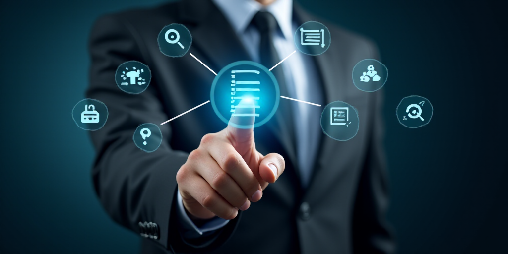 a man in a suit pointing to a button with a list on it and icons surrounding him and a hand pointing