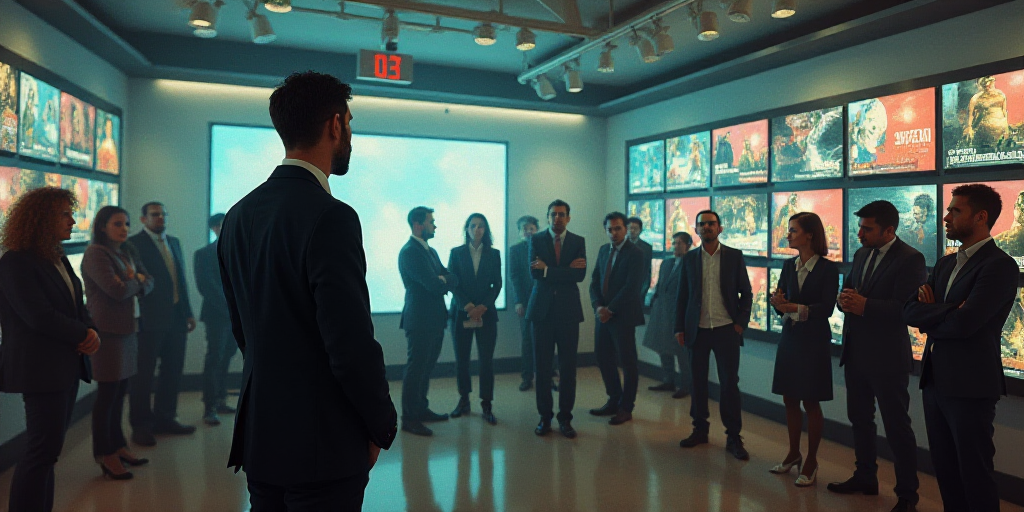 a man in a suit standing in a room with a lot of people around him and a display of video games, Car