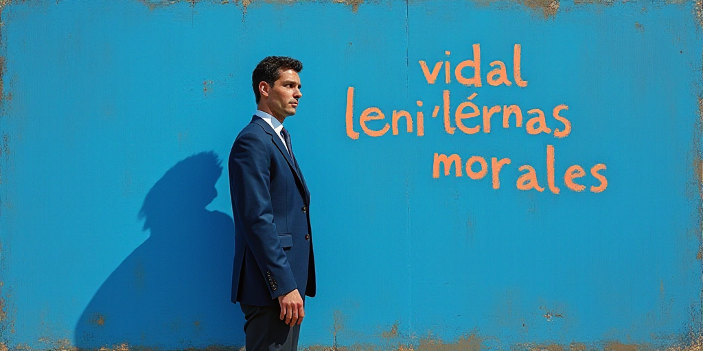 a man in a suit standing in front of a blue background with the words vidal llernas morales, Eduardo