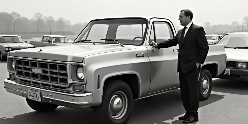 a man in a suit standing next to a silver truck in a parking lot with other cars in the background,