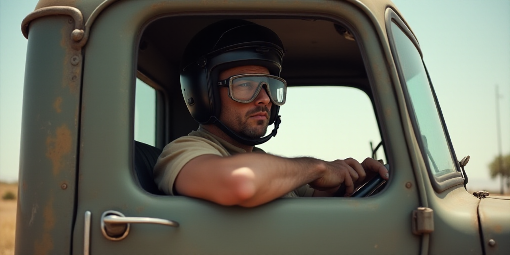 a man in a truck with a helmet and goggles on sitting in the cab of a truck with its door open, Elbr