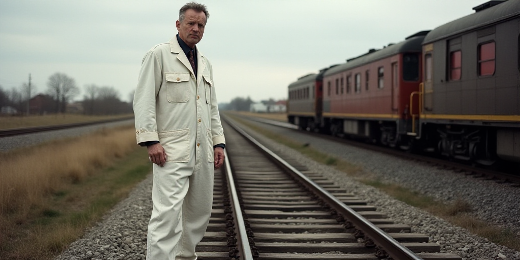 a man in a white coverall standing on train tracks next to a train and a train passing by, Arthur B.