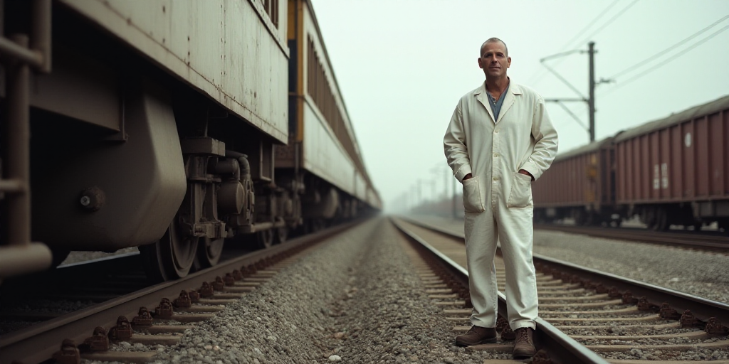a man in a white coverall standing on train tracks next to a train and a train passing by, Arthur B.