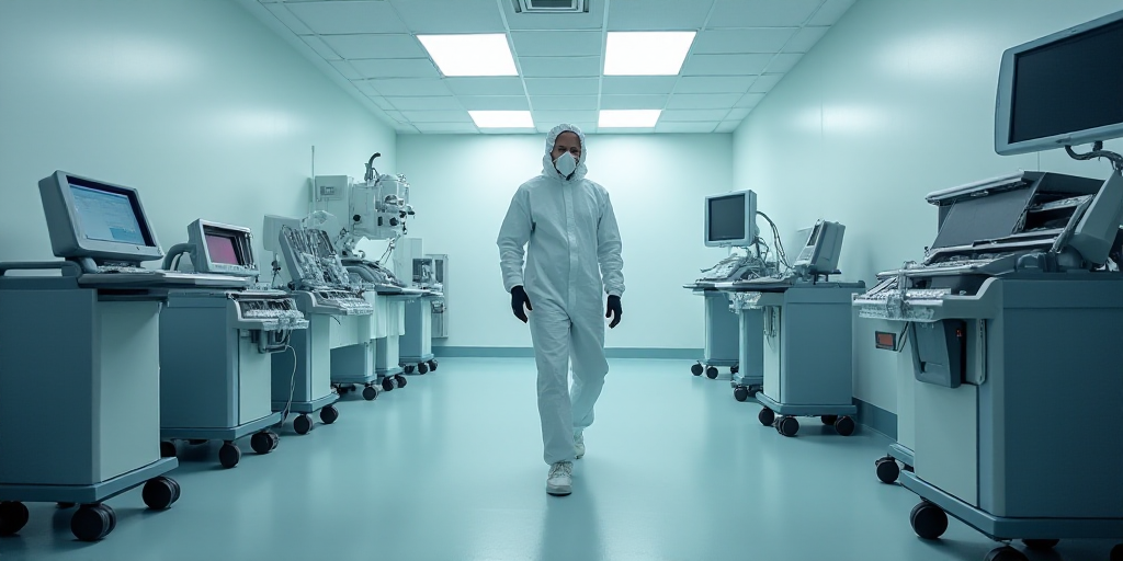 a man in a white suit and protective gear in a room filled with medical equipment and equipment on w