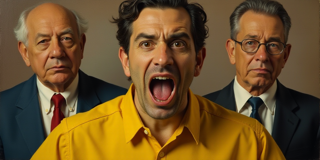 a man in a yellow shirt is making a face with his mouth open and two men in suits are behind him, Ad