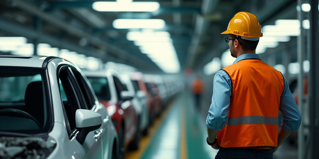 a man in an orange vest and hard hat looking at a car in a factory with other cars on the assembly l