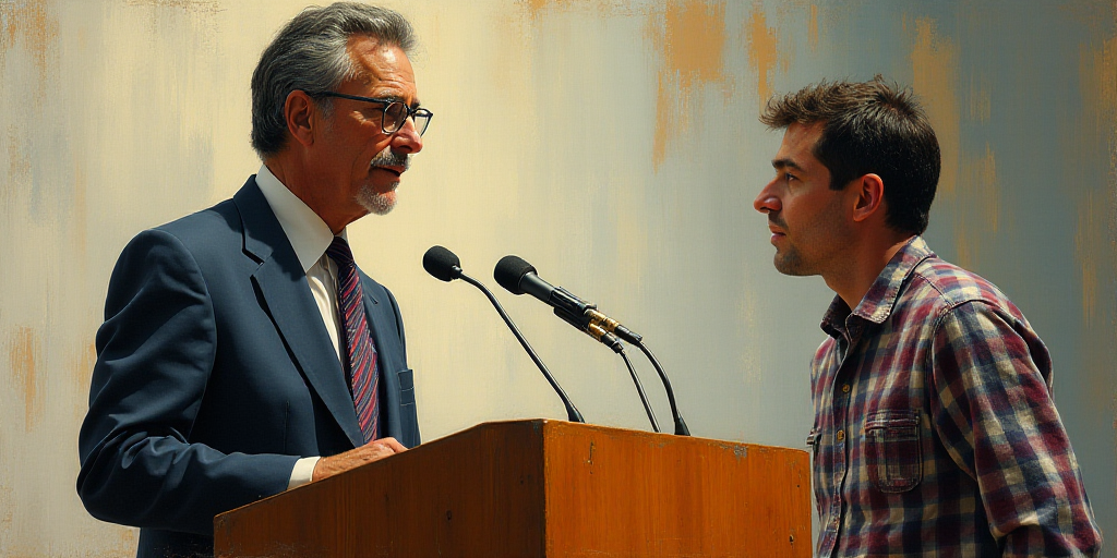 a man in glasses is speaking at a podium with a microphone in front of him and a man in a plaid shir