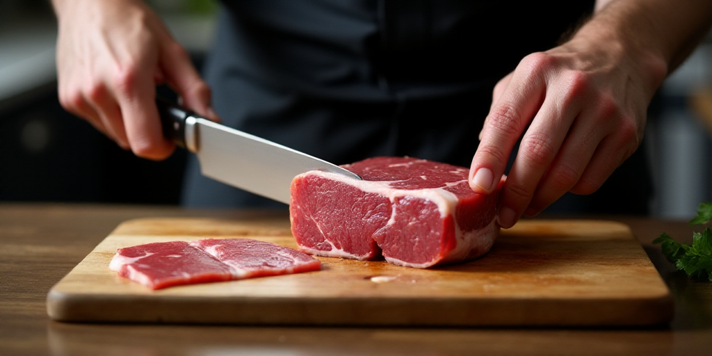 a man is cutting a piece of meat with a knife on a cutting board with a knife in his hand, Cedric Se