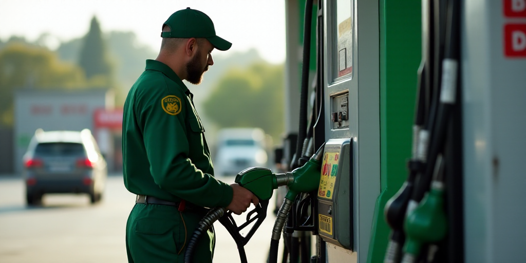 a man is filling up a gas pump at a gas station with gas prices on the pump and a man in a green uni