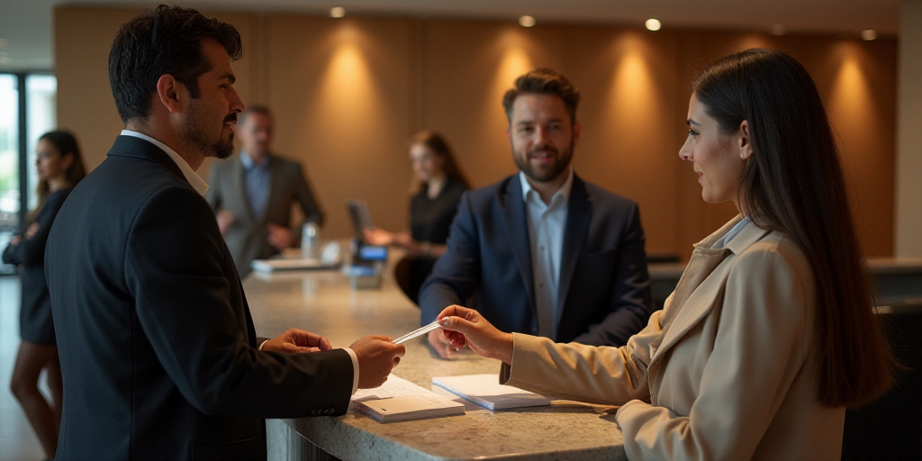 a man is handing a woman a check in at a hotel reception desk while others look on in the background