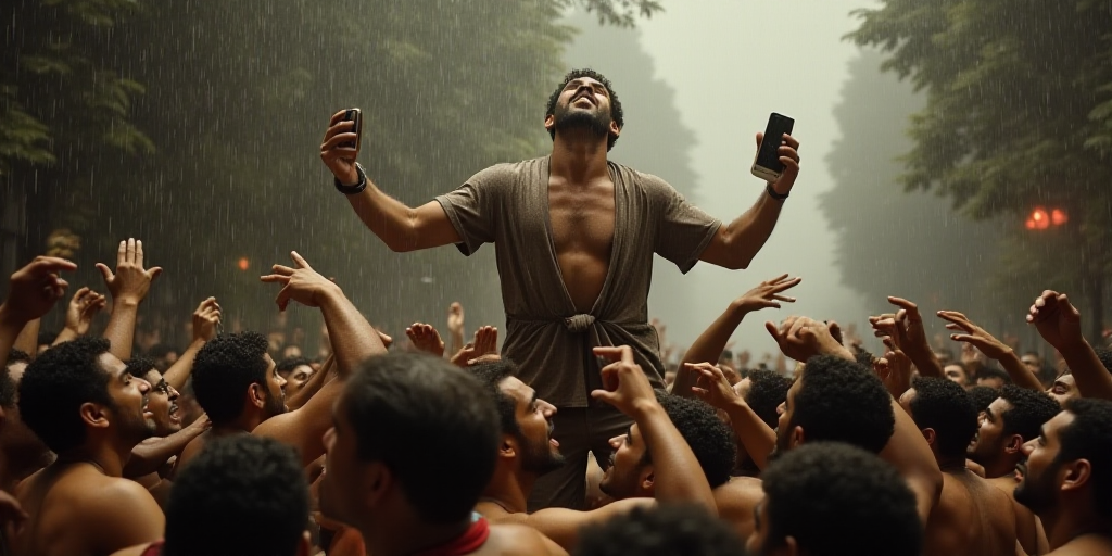 a man is lifted in the air by a crowd of people in the rain while holding a cell phone, Antônio Par
